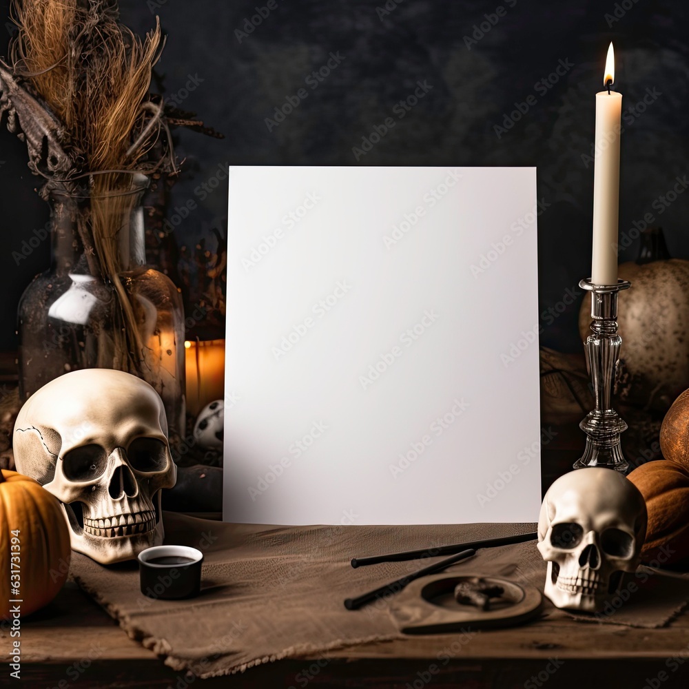 Top view mock up of clean and blank sheet of inch size paper on Halloween themed table. Party decoration for Halloween.