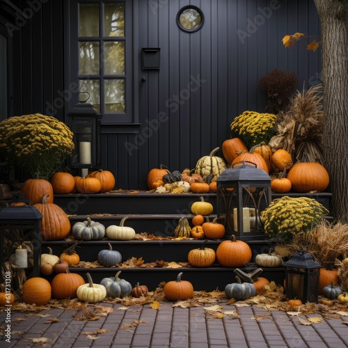 Photo of the courtyard in front of the house decorated before Halloween  the porch is all in pumpkins on the steps. Dark painted house. Autumn.
