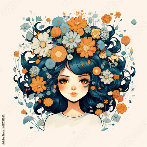 Girl in flowers, girl with flowers covering her head, young girl with wreath of flowers on her head, summer and female beauty concept, for covers, posters, books, notebooks, clothes, generative ai