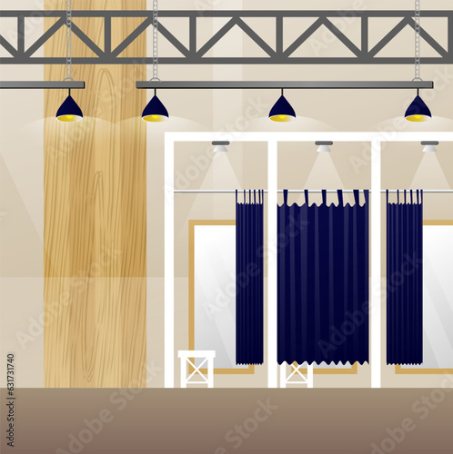 Fitting room in fashion store for try and change clothes. Vector cartoon illustration of boutique dressing room
