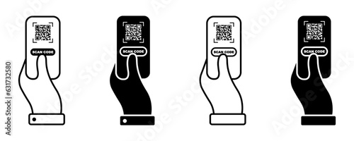 Holding phone and scanning qr code. Scanning qr code  with smartphone. Scan barcode. Vector 10 Eps. 