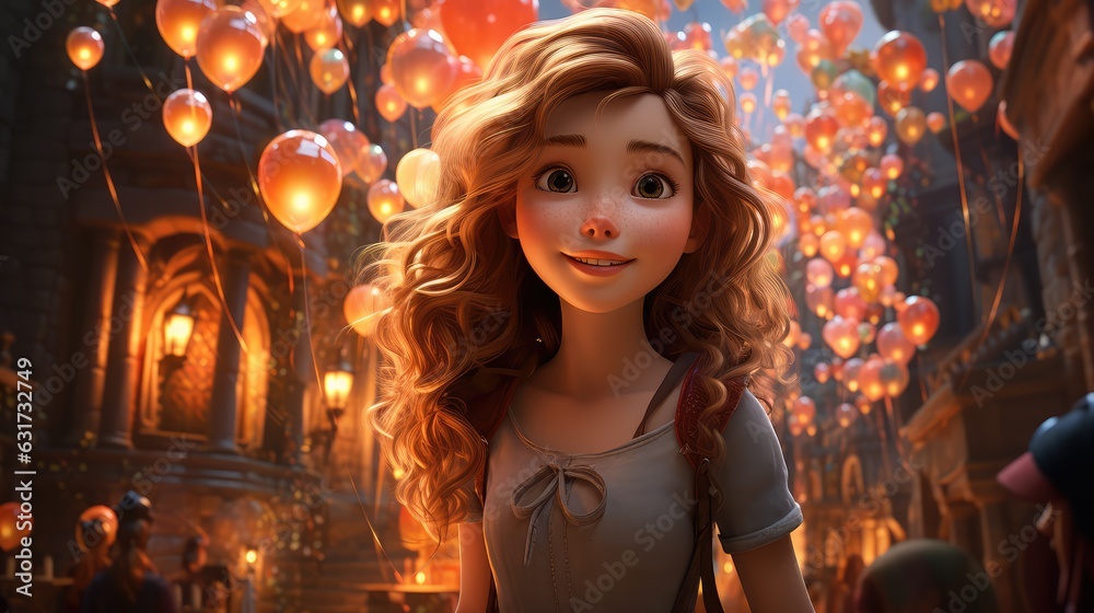 A beautiful girl with long hair is standing in front of a street full of balloons. Generative AI A beautiful girl with long hair is standing in front of a street full of balloons. Generative AI