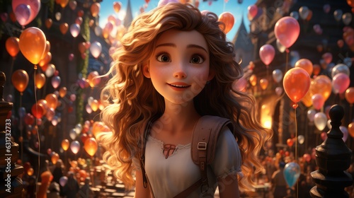 A beautiful girl with long hair is standing in front of a street full of balloons. Generative AI
