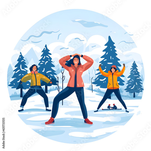 Clipart of employees of fitness companies leading outdoor winter exercise classes Generative AI