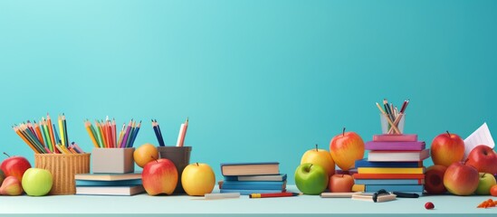Printable horizontal banner for web design with a back-to-school theme. Features a bright flat style and includes space for text. Contains a collection of school supplies. Represents an educational