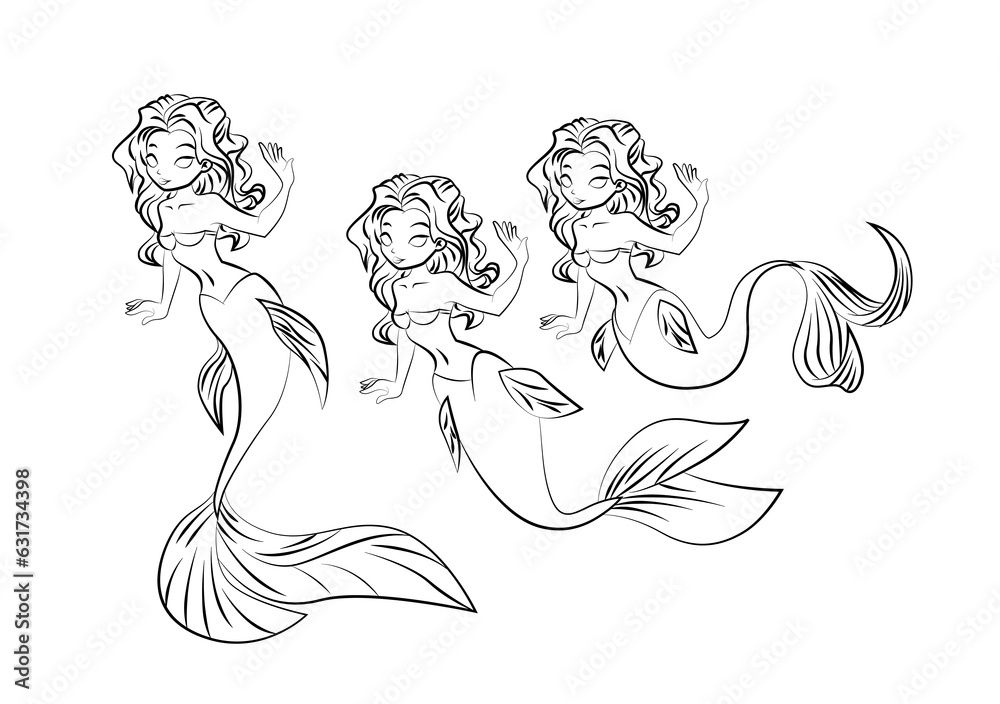 Cartoon set of mermaid dolls coloring page ilustração do Stock | Adobe ...