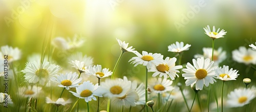 Gorgeous wild flowers - Chamomile, create a beautiful landscape in warm green colors during spring and summer. It is a wide format image with copy space. © HN Works
