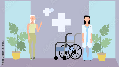 Flat style illustration of young female practitioner in white coat and elderly female sitting in wheelchair entering hospital. 2d vector