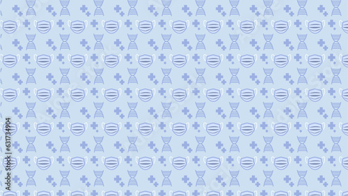 Simple background of seamless pattern with mask, heart and ADN sign blue background. 2d illustration