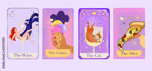Vector Tarot cards set illustrations, pizza, ice cream, wine, cat. Funny and colorful vector illustration for a gift, posters, stickers, getting card, banner, invitation
