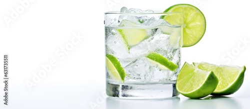 A picture of a glass of gin and tonic with ice and lime is shown on a white background with empty space for text.
