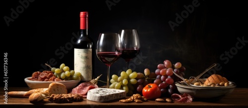 wine bottles and glasses on a table, representing wine drinking culture. It portrays appetizers and survivors. The photo has a dark background, allowing for copy space.