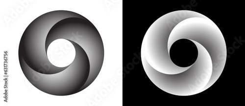 Circle with segments and gradients. Logo or icon for any project. Black shape on a white background and the same white shape on the black side.