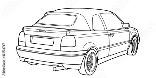 Coupe convertible sport car. Style of 80s, 90s. Rear and side 3d view shot. Outline doodle vector illustration	
