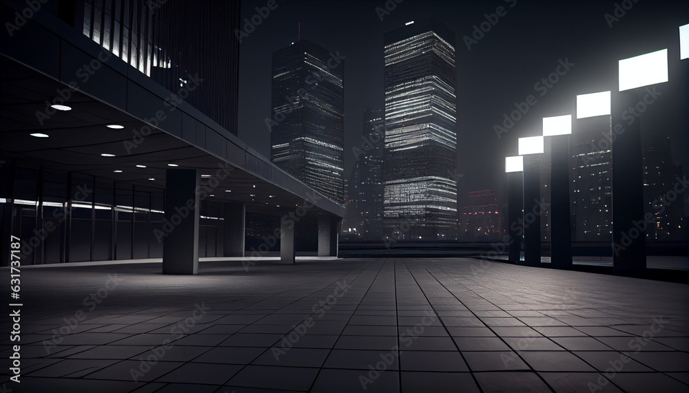  City skyline and modern commercial buildings night view with empty square floor, night city street Ai generated image 