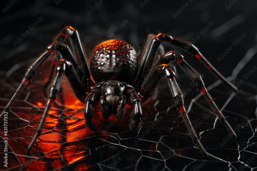 Scary spider. The concept of fears and phobias on the eve of the Halloween holiday. Background with selective focus