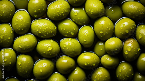 Fresh green olives with water drops background. Vegetables backdrop. Generative AI photo