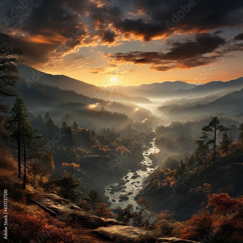 A beautiful forest in the mountains enveloped in fog. High quality illustration