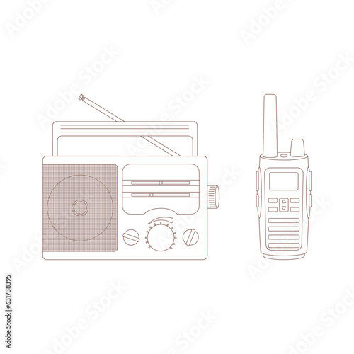 Walkie-talkie, radio. Drawn elements for camping and hiking. Wilderness survival, travel, hiking, outdoor recreation, tourism. Flat vector illustration isolated on white background.
