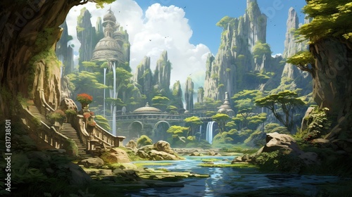 Landscape in the morning. AI generated art illustration.