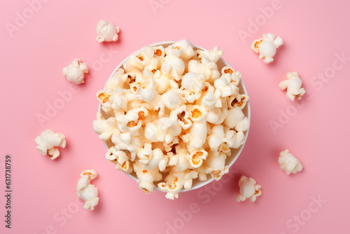 Top view of popcorn in bowl on pink background