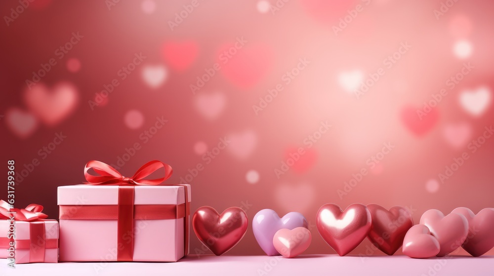 Valentine's day background with and pink hearts and gift box. created by generative AI technology.