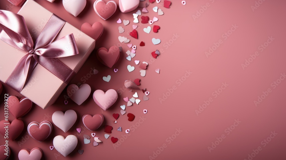 Gift box with red ribbon and hearts on a pink background. created by generative AI technology.
