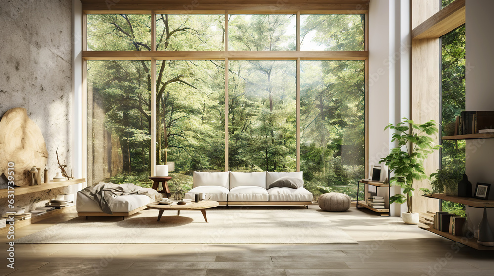 Modern room in house surrounded with forest. Large windows, organic architecture. Generative AI Modern room in house surrounded with forest. Large windows, organic architecture. Generative AI