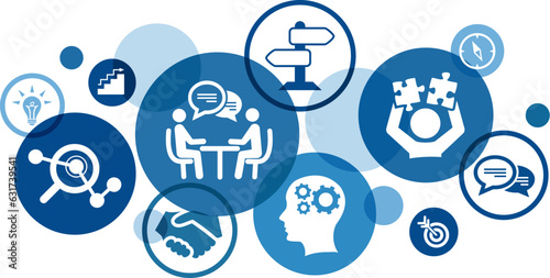 Mental health / psychotherapy vector illustration. Blue concept with icons related to counseling, psychiatric consultation or help, therapy, psychology, psychological support.