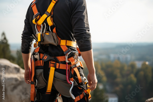 Unrecognizable Climber Man Wearing In Safety Harness Check Climbing Equipment Outdoor