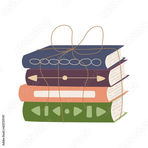 A stack of hardcover books. A pile of textbooks tied with a rope. Various books for lovers of reading  learning  education. Flat cartoon vector illustration isolated on a white background