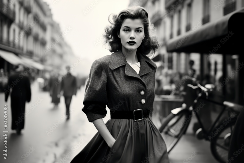 woman walking in Paris in 1950 monochromatic vintage