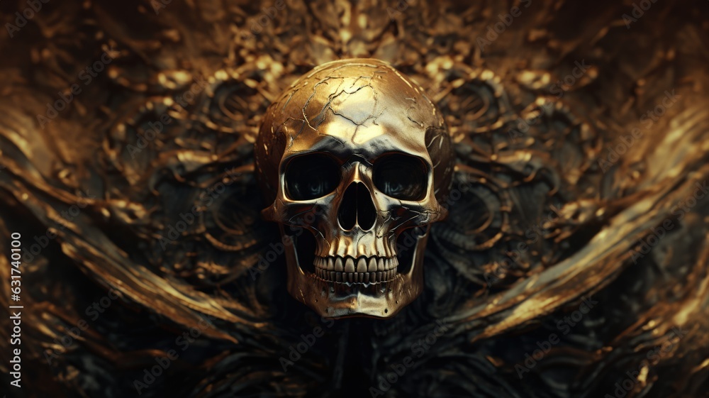 Metal bronze carving of a skeleton skull with a gold color shimmer, meticulously detailed rustic bone texture, ancient ruin wall background wallpaper or album cover art - generative AI