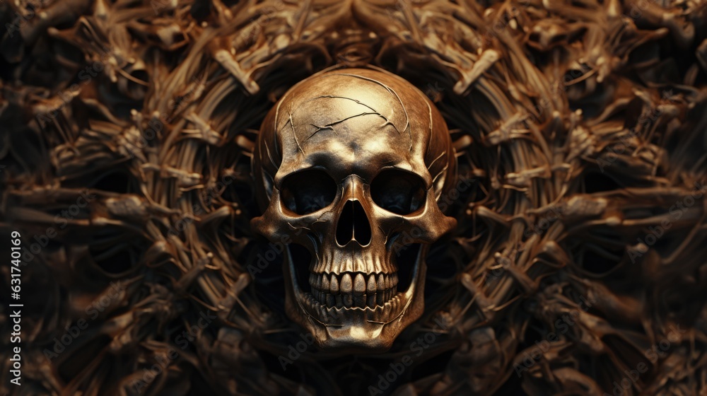 Metal bronze carving of a skeleton skull with a gold color shimmer, meticulously detailed rustic bone texture, ancient ruin wall background wallpaper or album cover art - generative AI