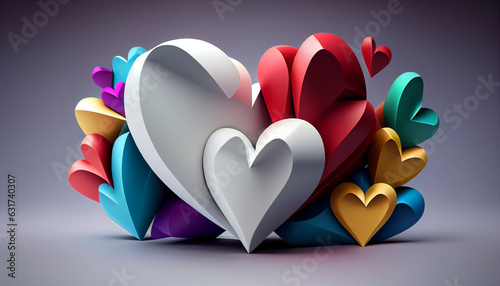 Colorful Hearts 3D Heart White Color Text Box Illustration, heart shaped petals, Ai generated image 