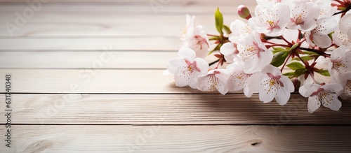 Selective focus and copy space highlight a fresh cherry blossom on white-painted wooden planks.