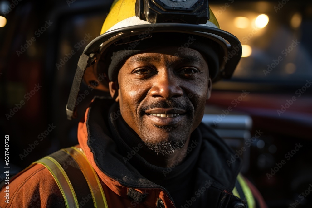 Portrait of african american brave fireman standing near fire truck