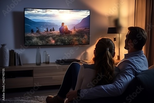 a couple sitting in front of a huge flat screen television in the living-room in the evening watching a movie spending leisure time together