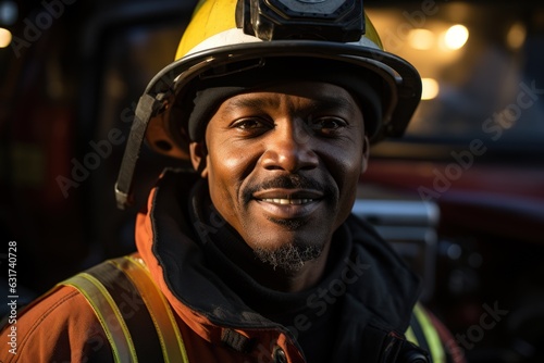 Portrait of african american brave fireman standing near fire truck © sirisakboakaew
