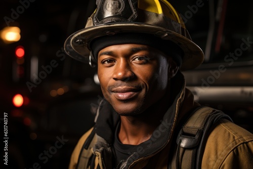 Portrait of african american brave fireman standing near fire truck