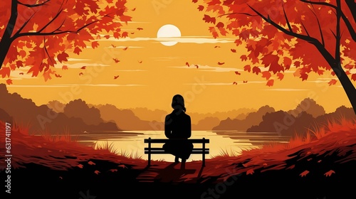 A girl is sitting on a bench under an autumn leaf fall and enjoying the landscape. High quality illustration