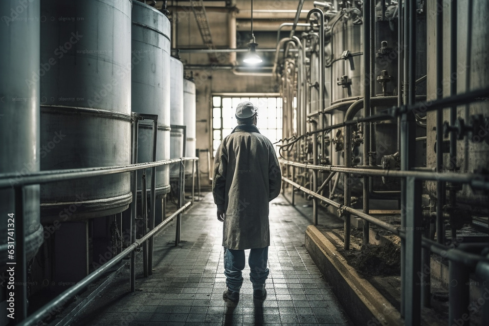 Observe the industrious worker view from behind in a vast milk processing factory or deposit, where dairy products undergo transformation. Ai generated