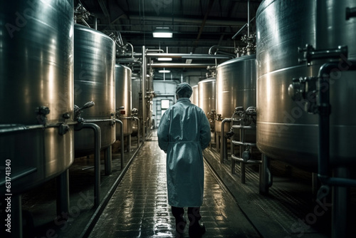Observe the industrious worker view from behind in a vast milk processing factory or deposit, where dairy products undergo transformation. Ai generated