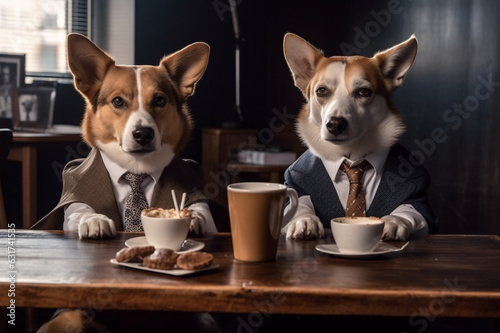Adorable scene of cute funny dogs dressed in a business suit enjoying coffee and engaging in lighthearted business discussions. Ai generated