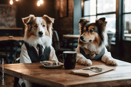 Adorable scene of cute funny dogs dressed in a business suit enjoying coffee and engaging in lighthearted business discussions. Ai generated