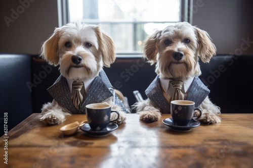 Adorable scene of cute funny dogs dressed in a business suit enjoying coffee and engaging in lighthearted business discussions. Ai generated © dragomirescu