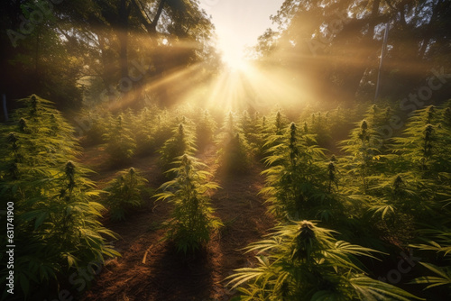 Experience the mesmerizing sight of a vast marijuana or weed plantation bathed in beautiful sunrays during the enchanting sunset. Ai generated