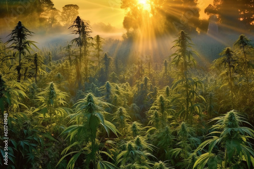 Experience the mesmerizing sight of a vast marijuana or weed plantation bathed in beautiful sunrays during the enchanting sunset. Ai generated