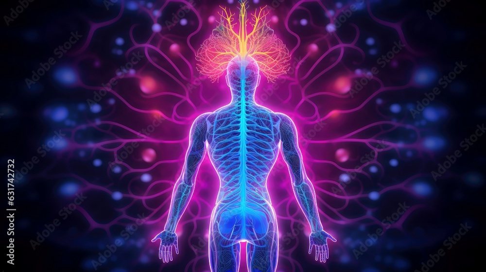 Illustration of thought energy . Head of person and neural network of brain with a problematic areas, Psychic waves concept, Generative AI illustration Illustration of thought energy . Head of person and neural network of brain with a problematic areas, Psychic waves concept, Generative AI illustration