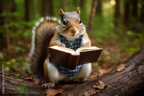 Discover the adorable sight of a cute, wise and smart squirrel engrossed in reading a book amidst the enchanting forest. Ai generated